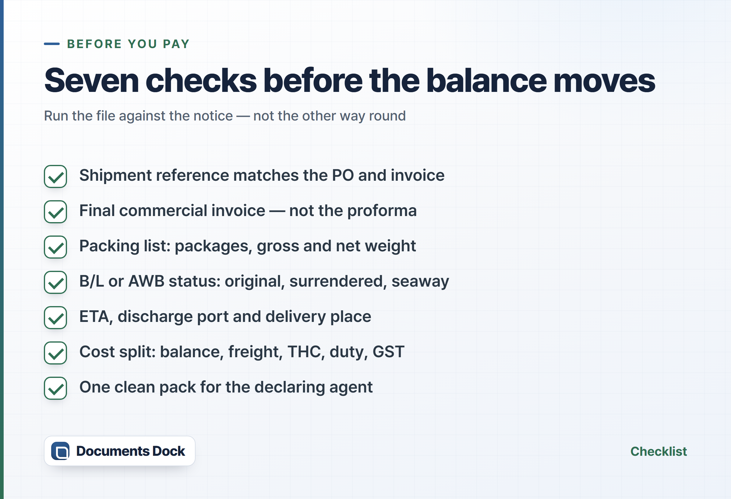 Checklist card: seven checks to run before paying the balance — reference, final invoice, packing list, B/L or AWB status, ETA, cost split, declaring-agent pack.
