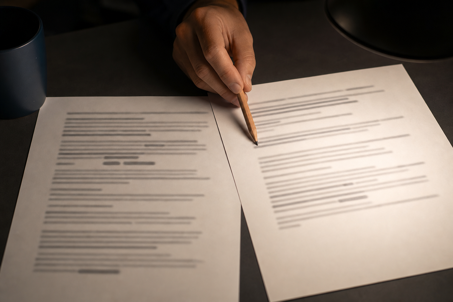 Two sheets of paper laid side by side under a desk lamp, a pencil tip resting where they meet as one line is checked against the other.