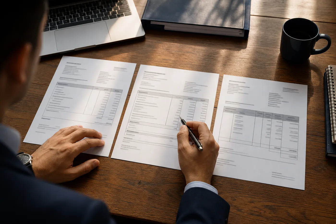 A trade operator at a wooden desk compares figures across three documents — a commercial invoice, a packing list, and a bill of lading — laid side by side, pen in hand, laptop and coffee at the edge.
